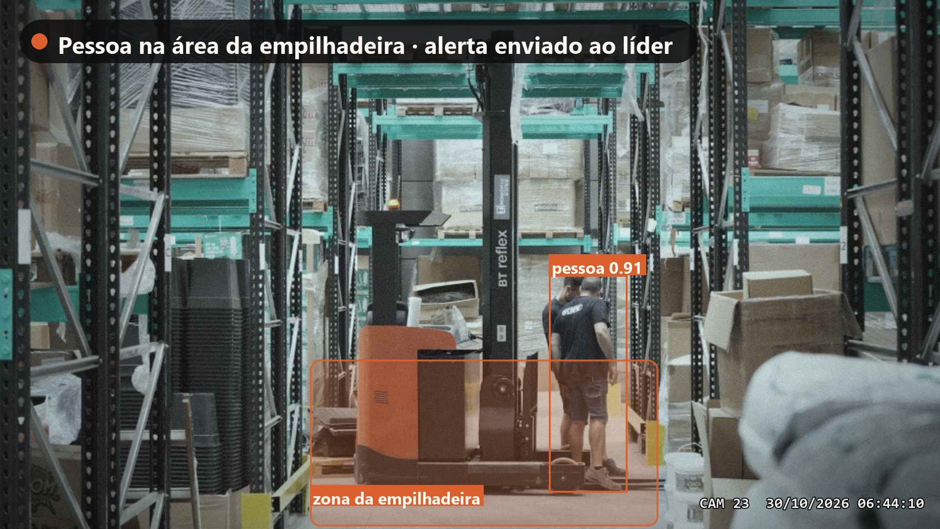 Armazém com uma pessoa marcada dentro da área da empilhadeira pela análise da SolverCam.